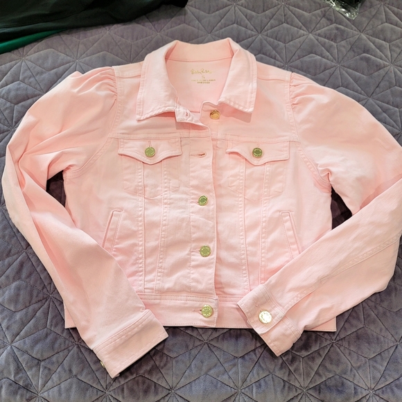 LILLY PULITZER Laylani Fitted Puff Sleeves Denim Jacket pink size small - Picture 7 of 16